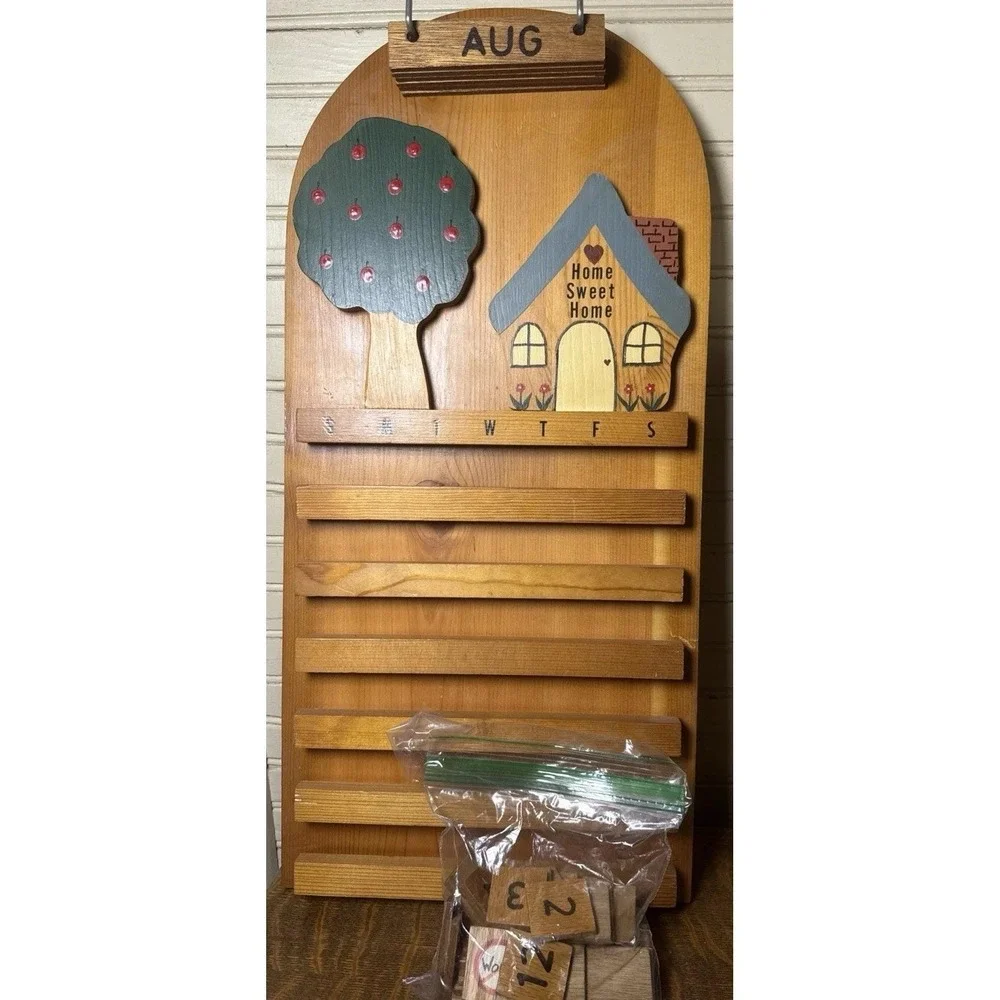 Vintage Wooden Perpetual Wall Calendar Home Sweet Home Folk Art 24